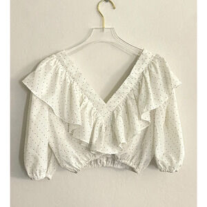 Sister Jane S Blouse Ruffle Top White & Black Polka Dot Crop V Neck Cottagecore